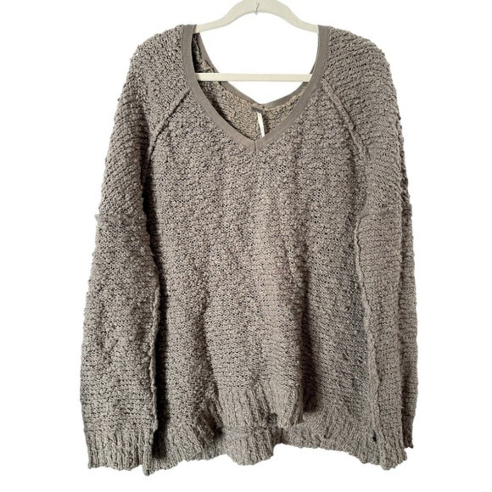 Free People Songbird Army Green Cotton V-Neck Popcorn Sweater‎